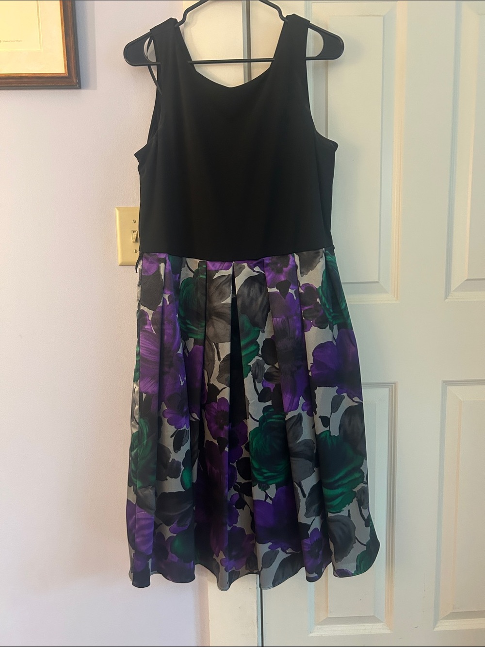 Coldwater Creek Black Bodice Floral Skirt Dress in Purple & Green